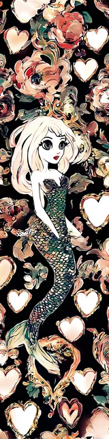 Free mermaid bookmark featuring a mermaid with hearts on a black background